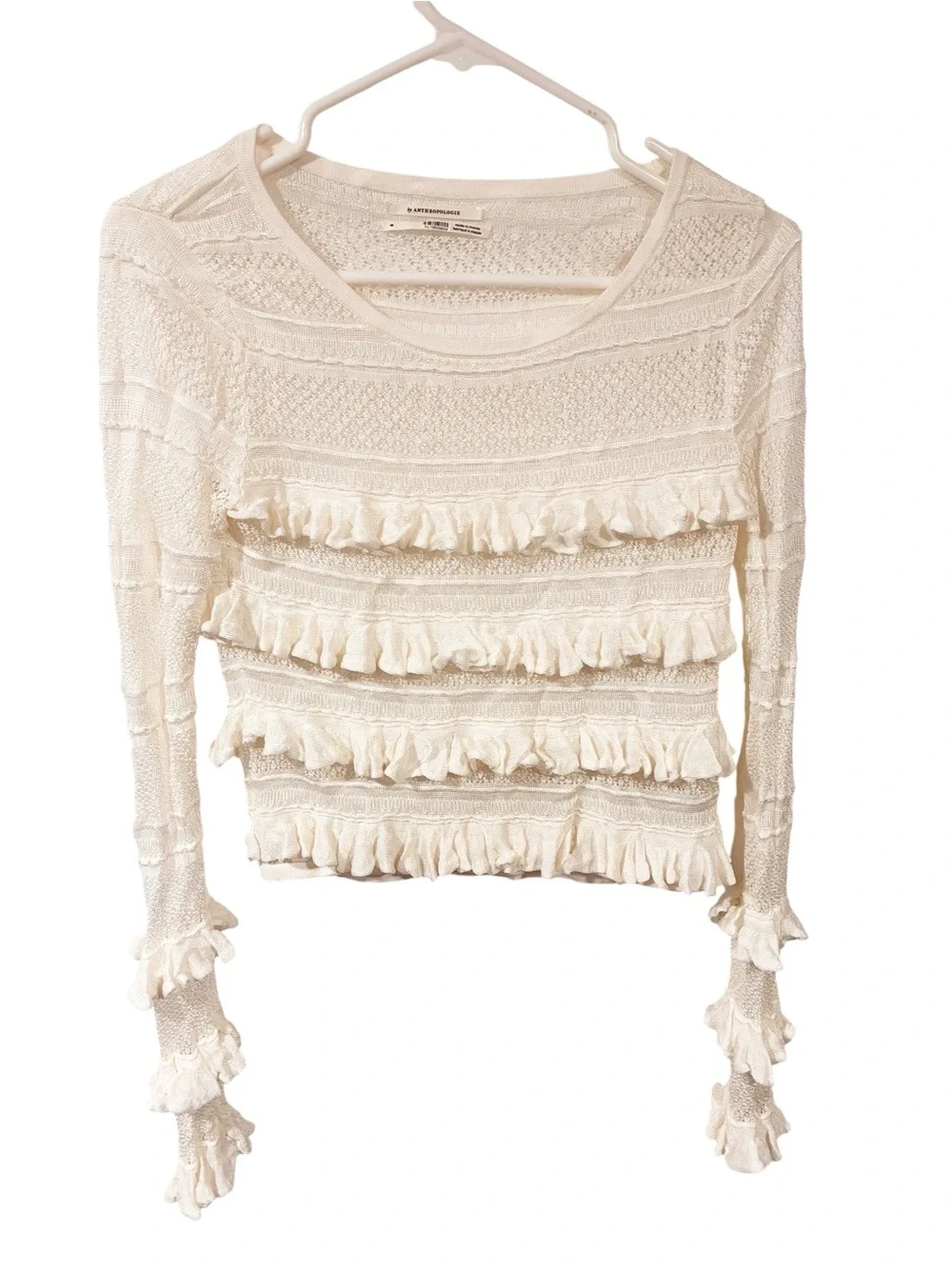 By Anthropologie Ruffle Long-Sleeve Jumper White Blouse Size Medium